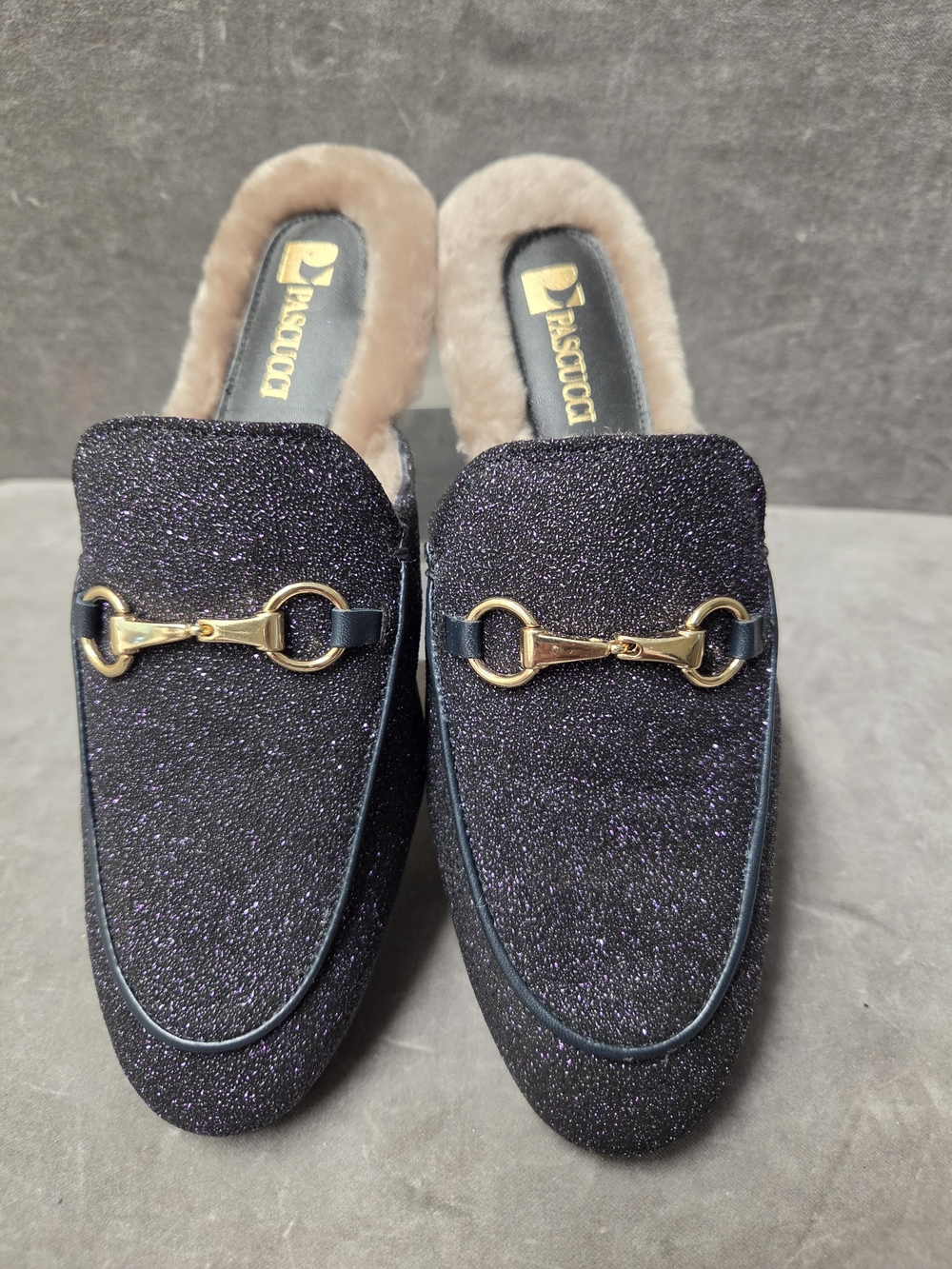 Pascucci Glittery Black Purple Glittery Tan Fur Comfort  Slipper Mule Size 39